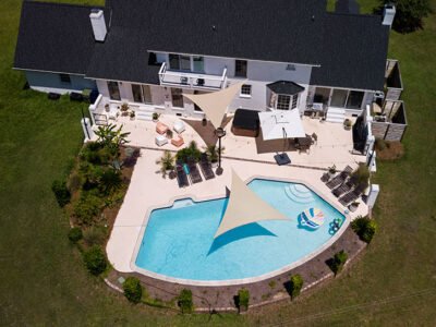 Aerial view of the Pine Creek Place main house and pool on Johns Island, South Carolina