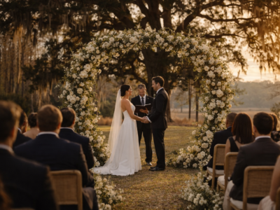 Outdoor wedding ceremony beneath a live oak tree at Pine Creek Place on Johns Island